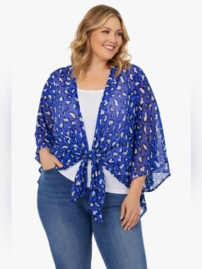 Colleen Lopez Blue Leopard Print Sheer Kimono Women’s 1X Tie Front Lightweight